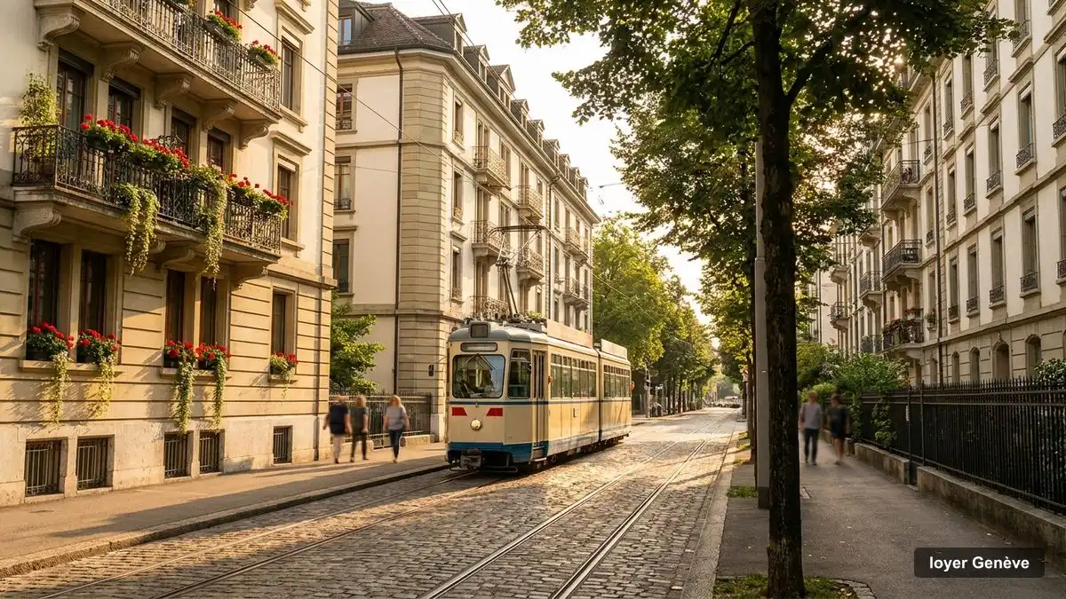 Rue résidentielle genevoise avec immeubles locatifs et tram