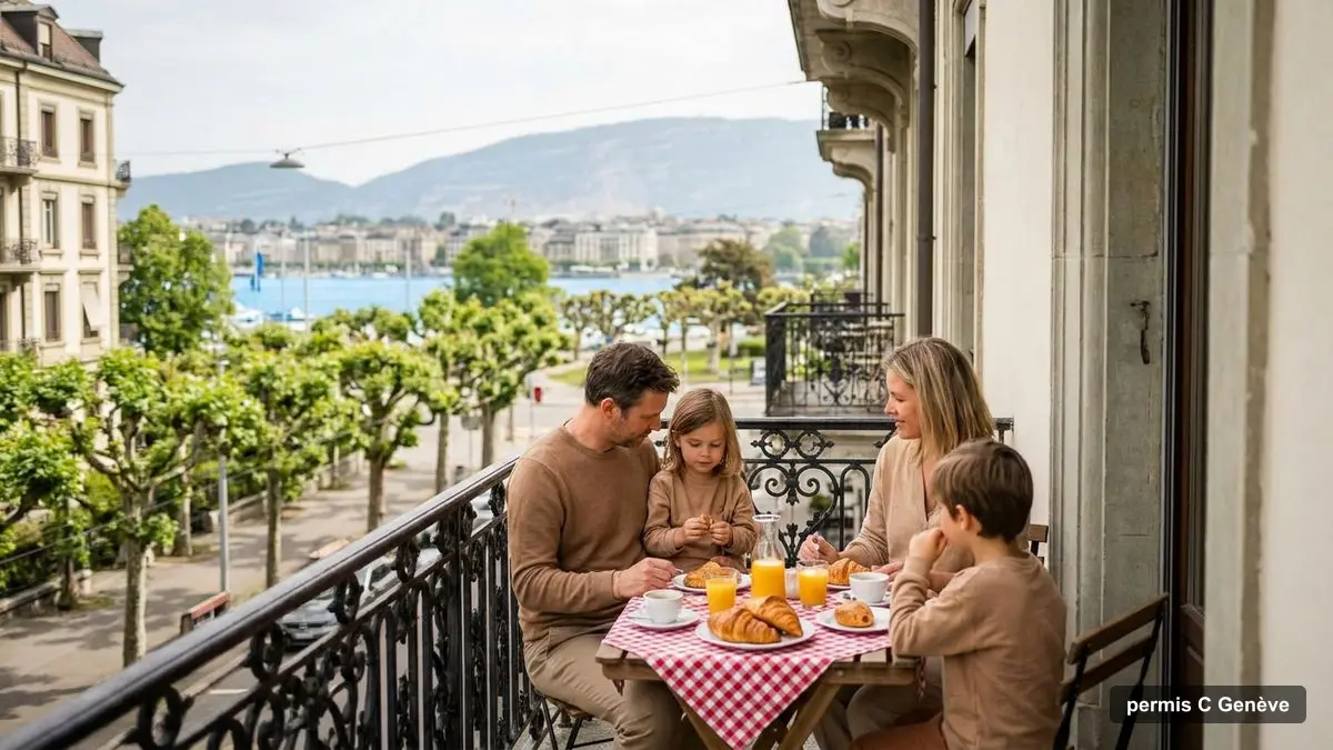 Famille installée durablement à Genève, sur un balcon face au Salève