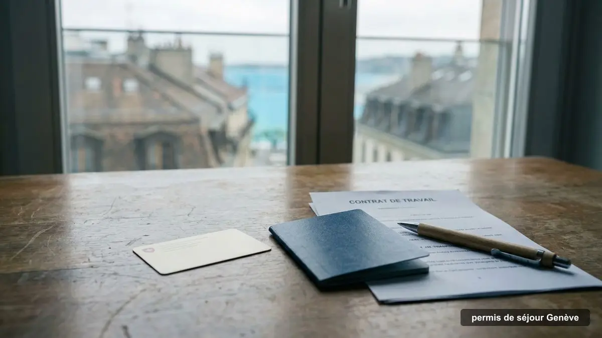 Swiss residence card, passport and work contract on a desk in Geneva